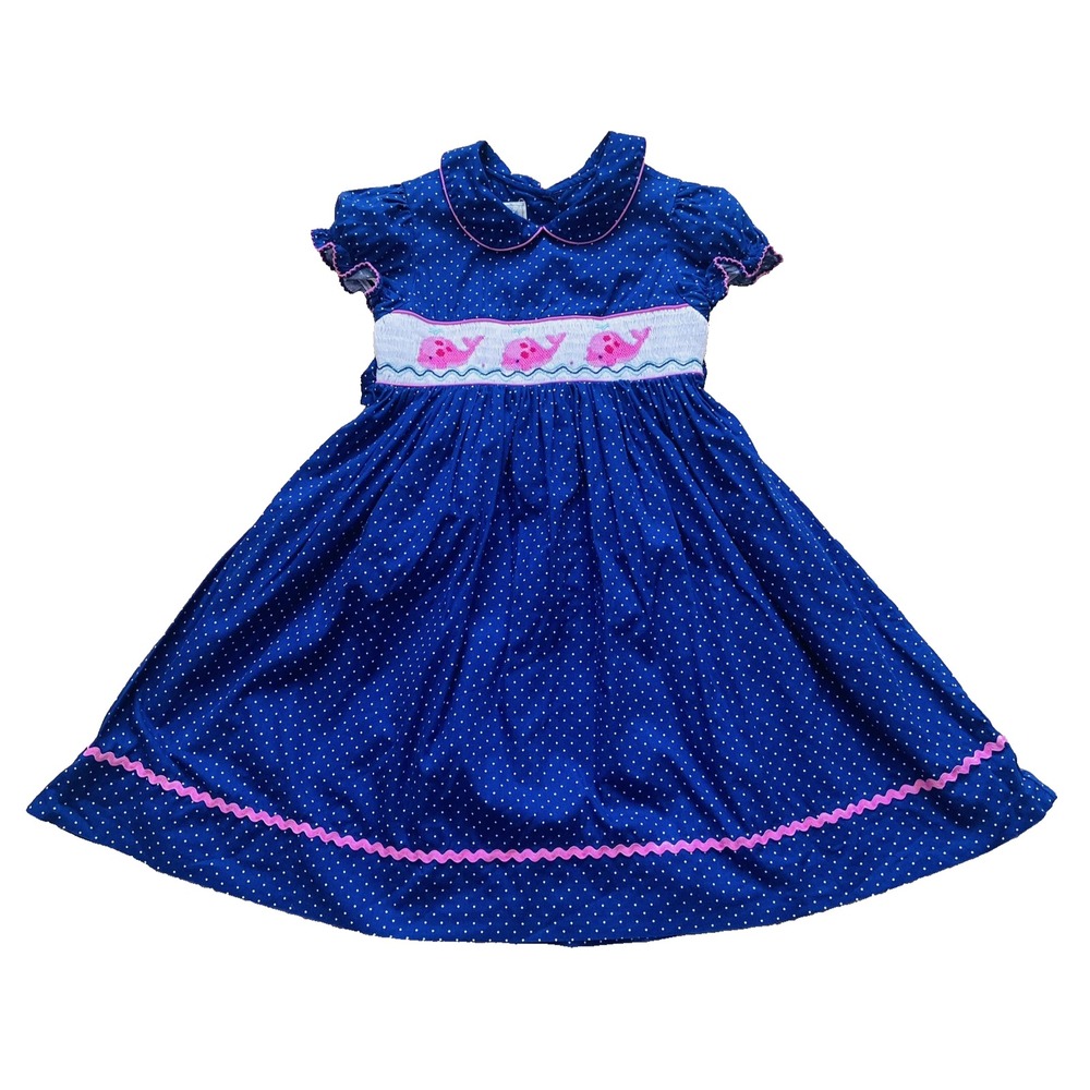 Marmellata Dress Girls Size 6 Navy Dot  Smocked Pink Whales Puff Sleeve Party